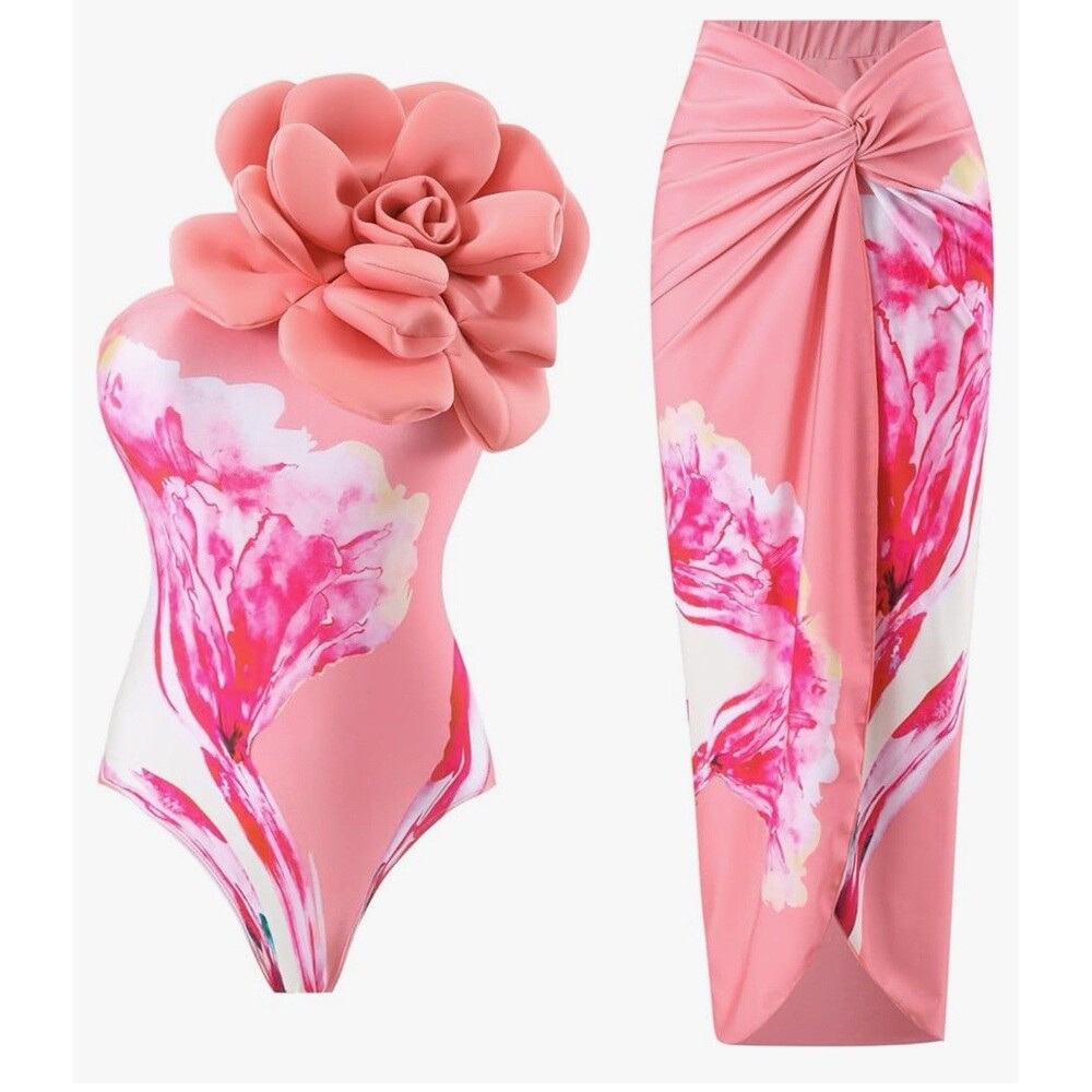 Women’s One-Piece 3D Flower Swimsuit With Matching Wrap/Skirt peach pink Large